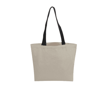 A beige canvas tote bag with black handles. The bag features a logo on one side.