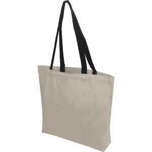 A beige tote bag with black handles, featuring a simple design and a logo.