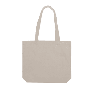 A beige canvas tote bag with two shoulder straps and a simple design. It has a logo on one side.