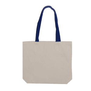 A light beige tote bag with navy blue handles, featuring a simple design and a logo.