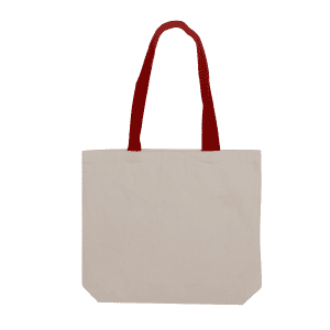 A beige tote bag with red handles. The bag features an unembellished design and a logo.