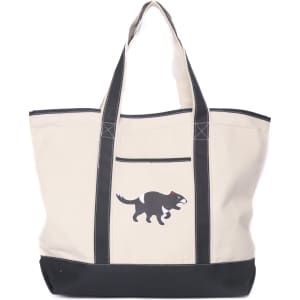 A large beige tote bag with black accents and a logo featuring a graphic of an animal.