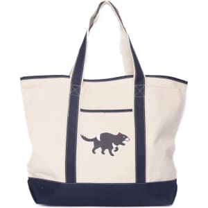 A cream tote bag with navy straps and a central logo featuring a stylised animal design.