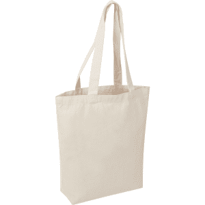 A beige natural canvas tote bag with long handles and a simple design, featuring a logo.