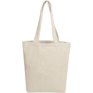 A natural beige canvas tote bag with two shoulder straps and an empty interior, featuring a logo.