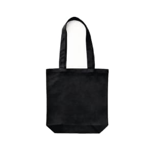 A black canvas tote bag with long handles and a simple design. It features a logo on the front.