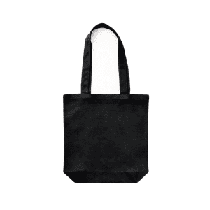 A black canvas tote bag with two sturdy handles and a spacious interior, featuring a logo.