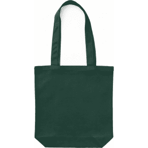 A dark green canvas tote bag with two handles and an unembellished surface.
