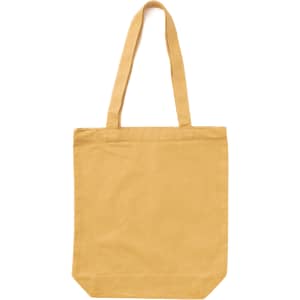 A yellow canvas tote bag with two shoulder straps and a simple design. It features a logo.