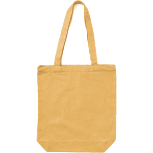 A yellow canvas tote bag with two shoulder straps and a simple design. It features a branding logo.