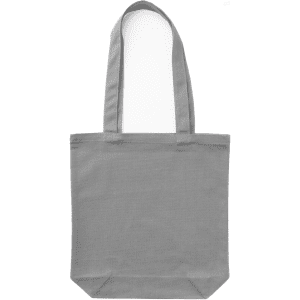 A grey canvas tote bag with two sturdy handles and an interior space, featuring a logo on the side.