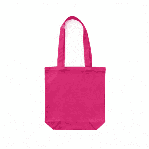 A pink canvas tote bag with two handles and a rectangular base, featuring branding on one side.
