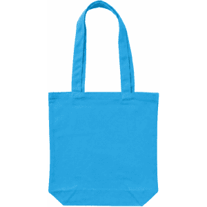 A bright blue canvas tote bag with two shoulder straps and a simple design. It features a logo on one side.