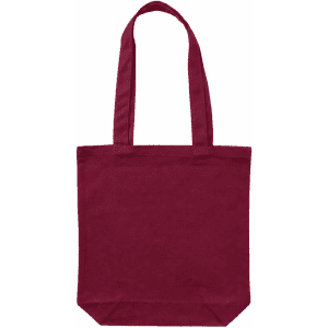 A maroon canvas tote bag with two shoulder straps and a plain design. It features a logo on one side.