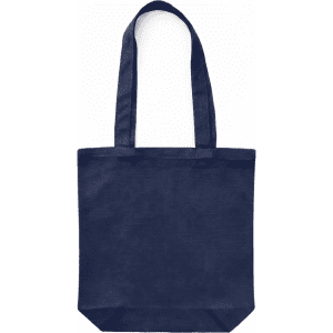 A navy blue canvas tote bag with two handles and a simple design. It features a logo on one side.