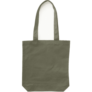 An olive green canvas tote bag with two handles and a simple design. It features a logo on its surface.