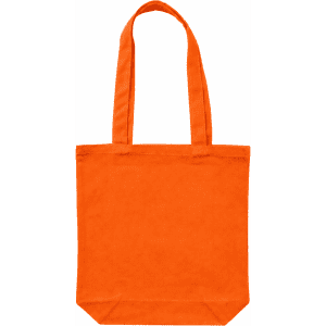 An orange canvas tote bag with long handles. It has a simple design and features a logo.