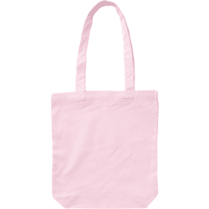 A pink canvas tote bag with long handles and a blank surface. It has a simple design and features a logo.