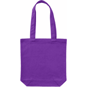 A purple canvas tote bag with shoulder straps and a plain design, featuring a small logo.