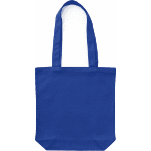 A blue canvas tote bag with two handles and a simple design, featuring a branding logo.