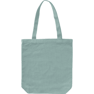 A light teal tote bag with two handles and a plain design, featuring a small logo.