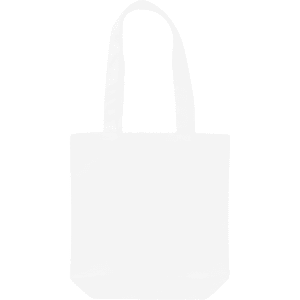 A plain white canvas tote bag with two handles and a logo. Ideal for carrying items.