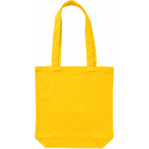A yellow canvas tote bag with two shoulder straps and a plain design. It features a logo on one side.