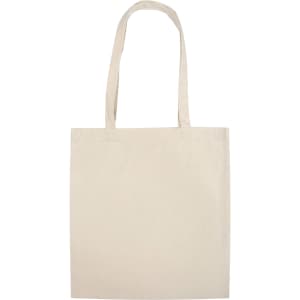 A beige canvas tote bag with two handles and no visible logos.