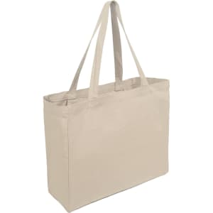 A natural beige tote bag with two sturdy handles and a simple design. It features a branding logo.