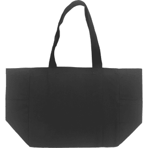 A black Bondi canvas tote bag with two handles and side pockets, featuring a logo.