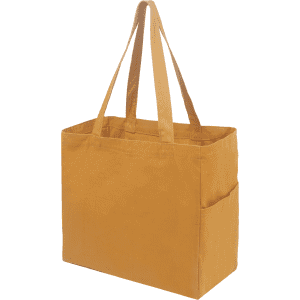 A mustard-coloured canvas tote bag with two long handles and a side pocket, featuring a logo.
