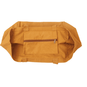 A sturdy mustard yellow tote bag featuring a zippered pocket on one side and durable handles.