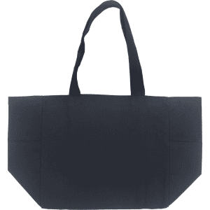 A large black canvas tote bag with two sturdy handles and side pockets. It features a logo.
