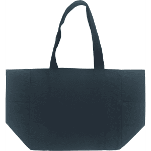 A dark blue canvas tote bag with two handles and pockets on the sides, featuring a logo.