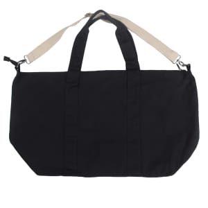 A black duffle bag with a beige shoulder strap and sturdy handles, featuring a logo.