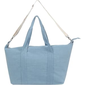 A light blue duffle bag with handles and an adjustable strap, featuring a logo on the side.