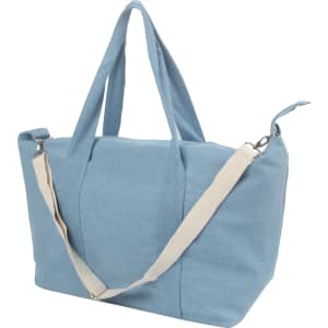 A blue duffle bag with two sturdy handles and a detachable shoulder strap. It features a logo.