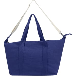 A navy blue duffle bag with shoulder straps and top handles, featuring a logo on the side.
