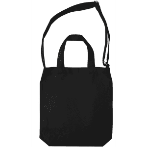 A black tote bag with short handles and a long shoulder strap, featuring a branding logo.