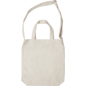 A plain beige tote bag with long and short handles, featuring a logo on the front.