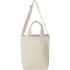 A cream tote bag with two handles and an adjustable shoulder strap, featuring a logo on the front.