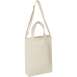 A plain beige tote bag with dual handles and a shoulder strap, featuring a simple design and a logo.
