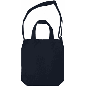 A plain black tote bag with two short handles and a long adjustable strap. It features a logo.