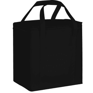 A black 20 litre non-woven cooler bag with two handles and a front pocket.