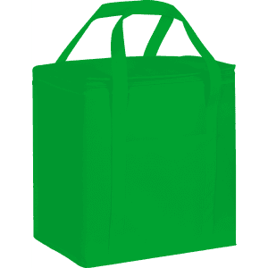A green non-woven cooler bag with a flat top and two handles, featuring a simple design and a logo.