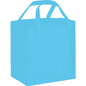 A blue 20 litre non-woven cooler bag with two sturdy handles and a front pocket. It has a logo or branding.