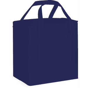 A navy blue 20 litre non-woven cooler bag with sturdy handles and a logo on the front.