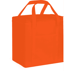An orange 20 litre non-woven cooler bag with handles and a side pocket, featuring a logo.