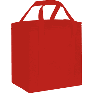 A red 20 litre non-woven cooler bag with handles and a zip closure, featuring a logo on the front.