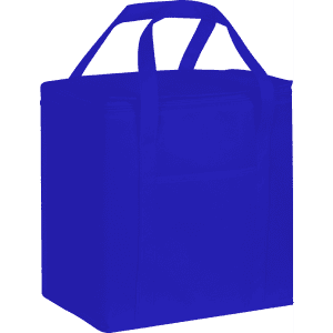 A blue 20 litre non-woven cooler bag with two handles and a front pocket, featuring a logo.